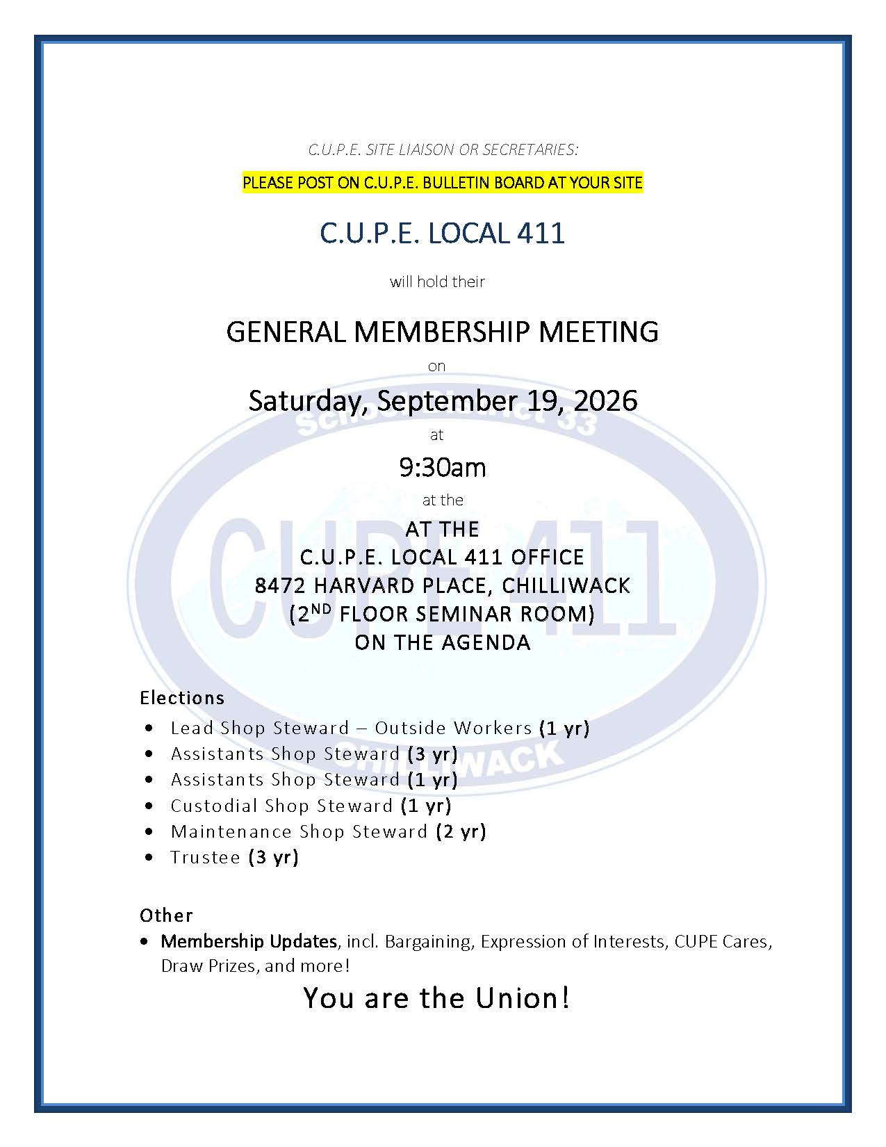 General Membership Meeting @ CUPE 411 Office